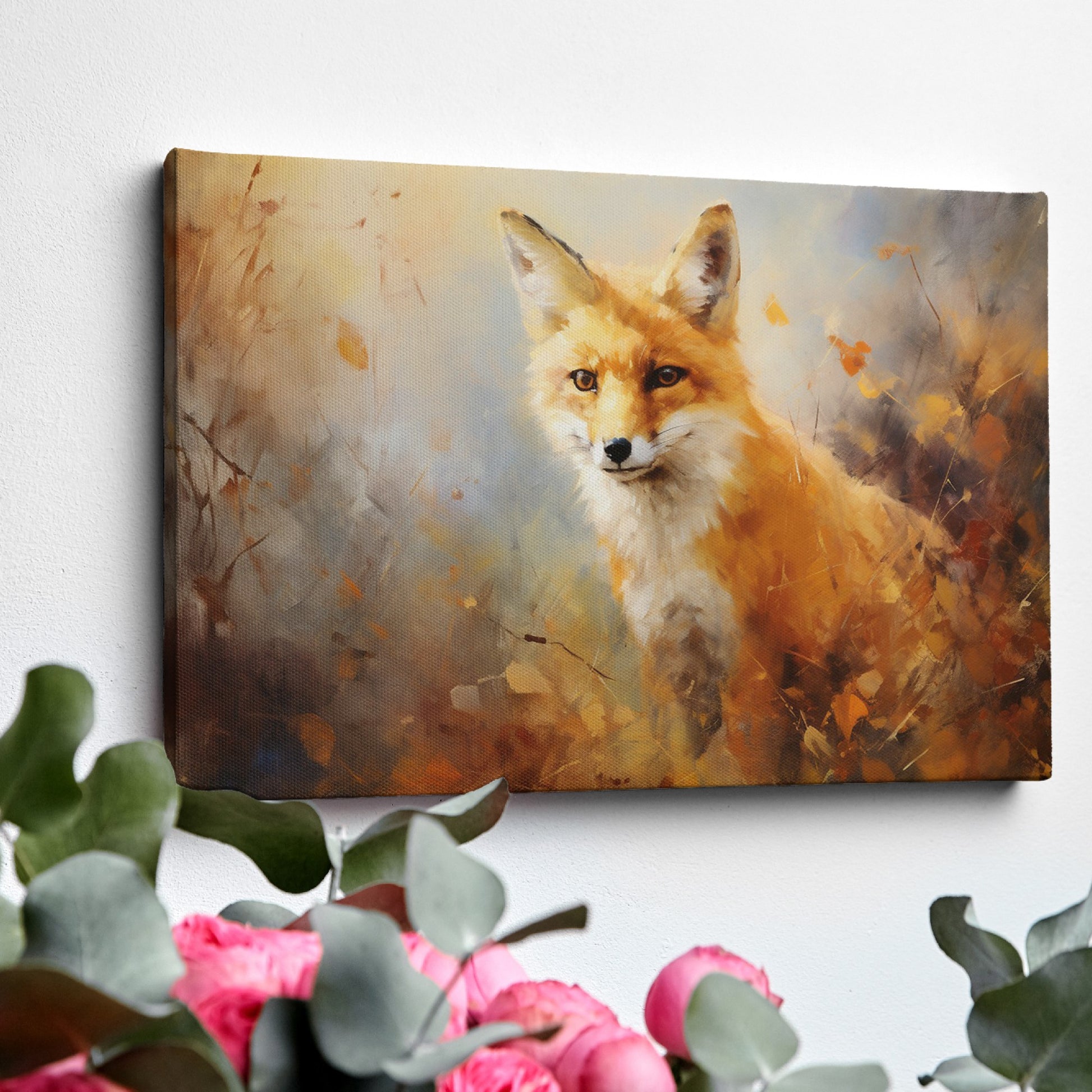 Framed canvas print of a vibrant impressionistic painting of a fox with autumnal colours