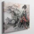 Framed canvas print of a geisha in a traditional black and red attire, set against an Asian-inspired misty mountainous landscape with ink wash and watercolour.