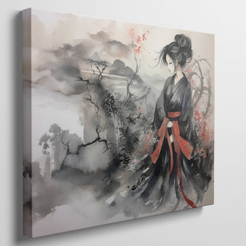 Framed canvas print of a geisha in a traditional black and red attire, set against an Asian-inspired misty mountainous landscape with ink wash and watercolour.