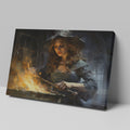 Framed canvas print of a mystical witch stirring a magical fiery brew in a gothic setting