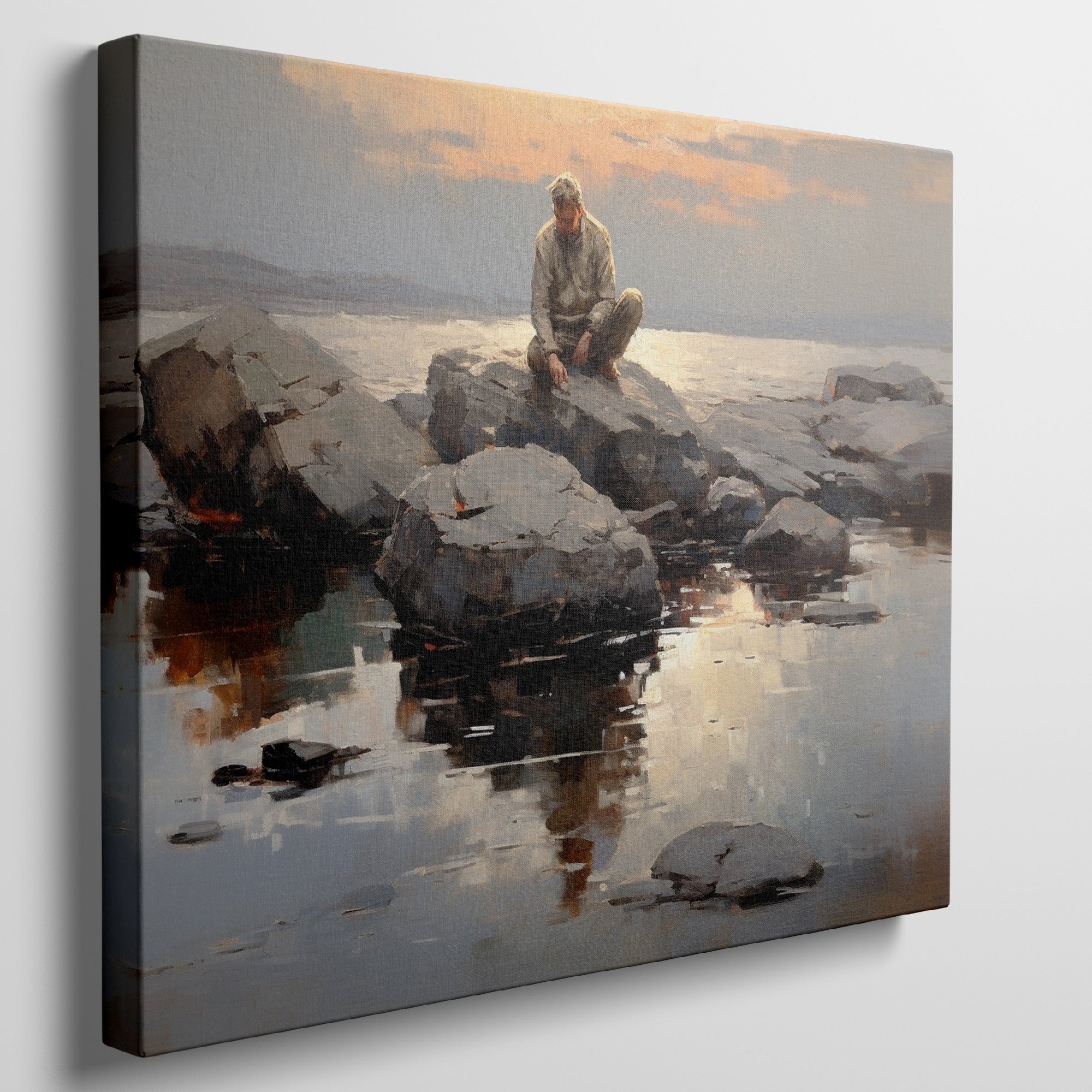 Framed canvas print of serene seascape with man sitting on rocks at sunset