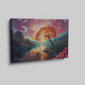 Framed canvas print of a vibrant autumnal landscape with sunset, serene lake, and colourful tree