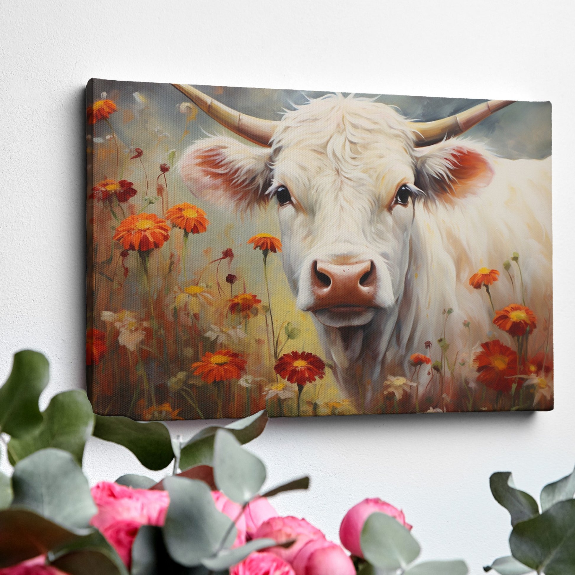 Framed canvas print of realistic cow in a floral setting with warm tones