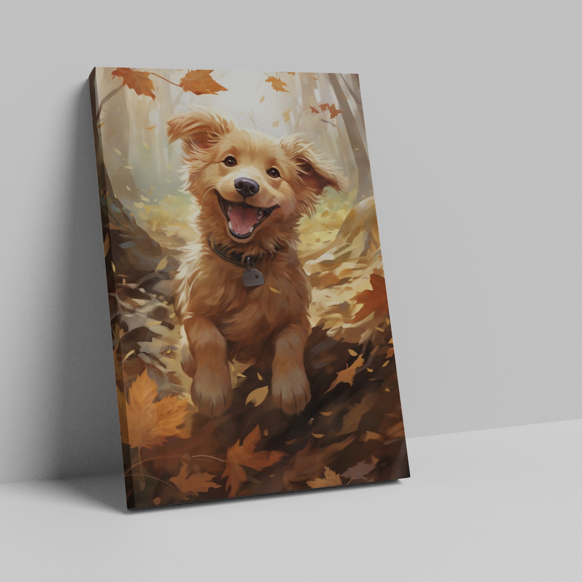 Framed canvas print of a joyful Golden Retriever with autumn leaves in vibrant tones