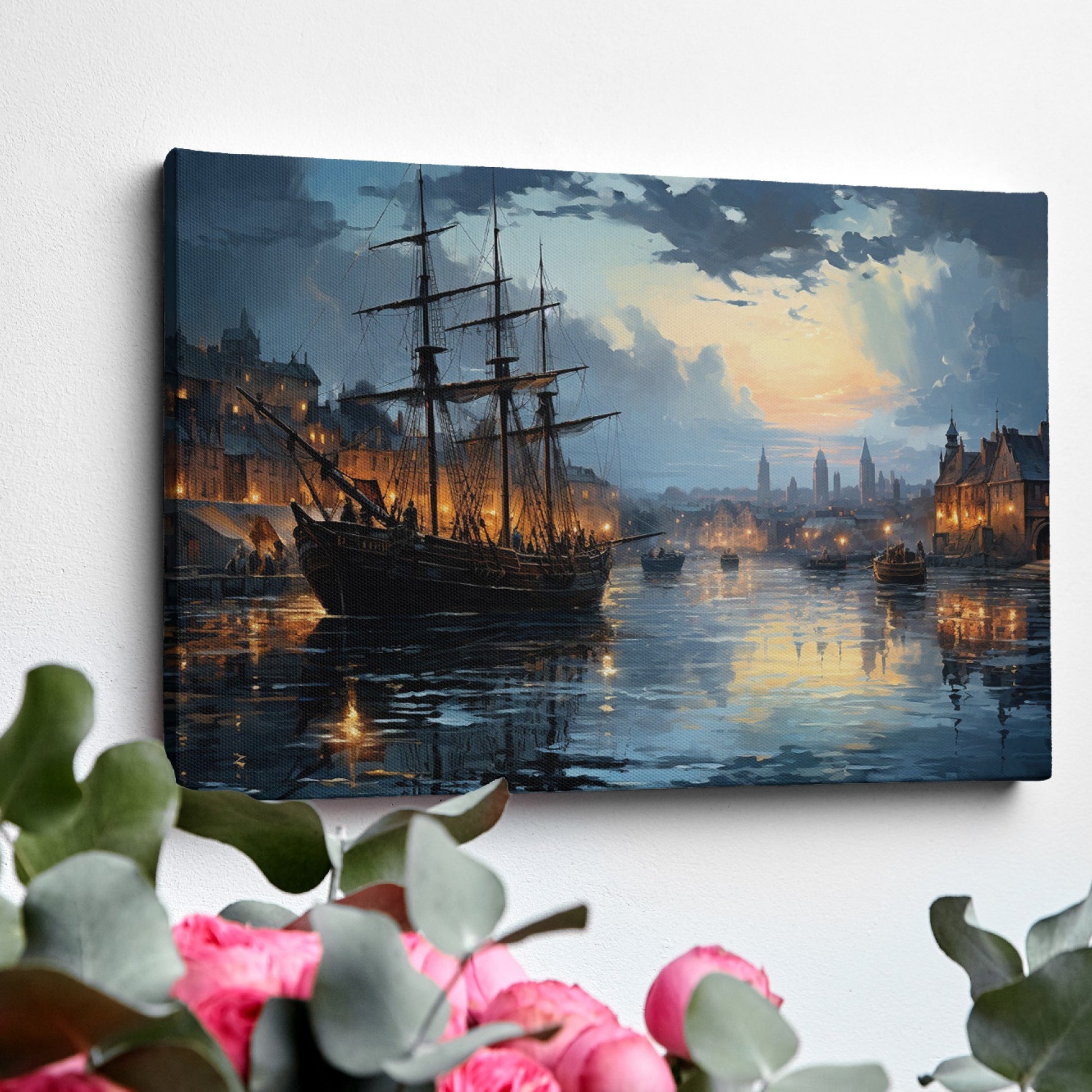 Framed canvas print of historical harbour at sunset with ships and city lights