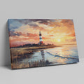 Framed canvas print of an impressionist lighthouse by the sea at sunset with vibrant colours