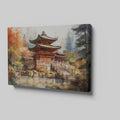 Framed canvas print of a Japanese temple amid autumn scenery with vibrant red and orange leaves