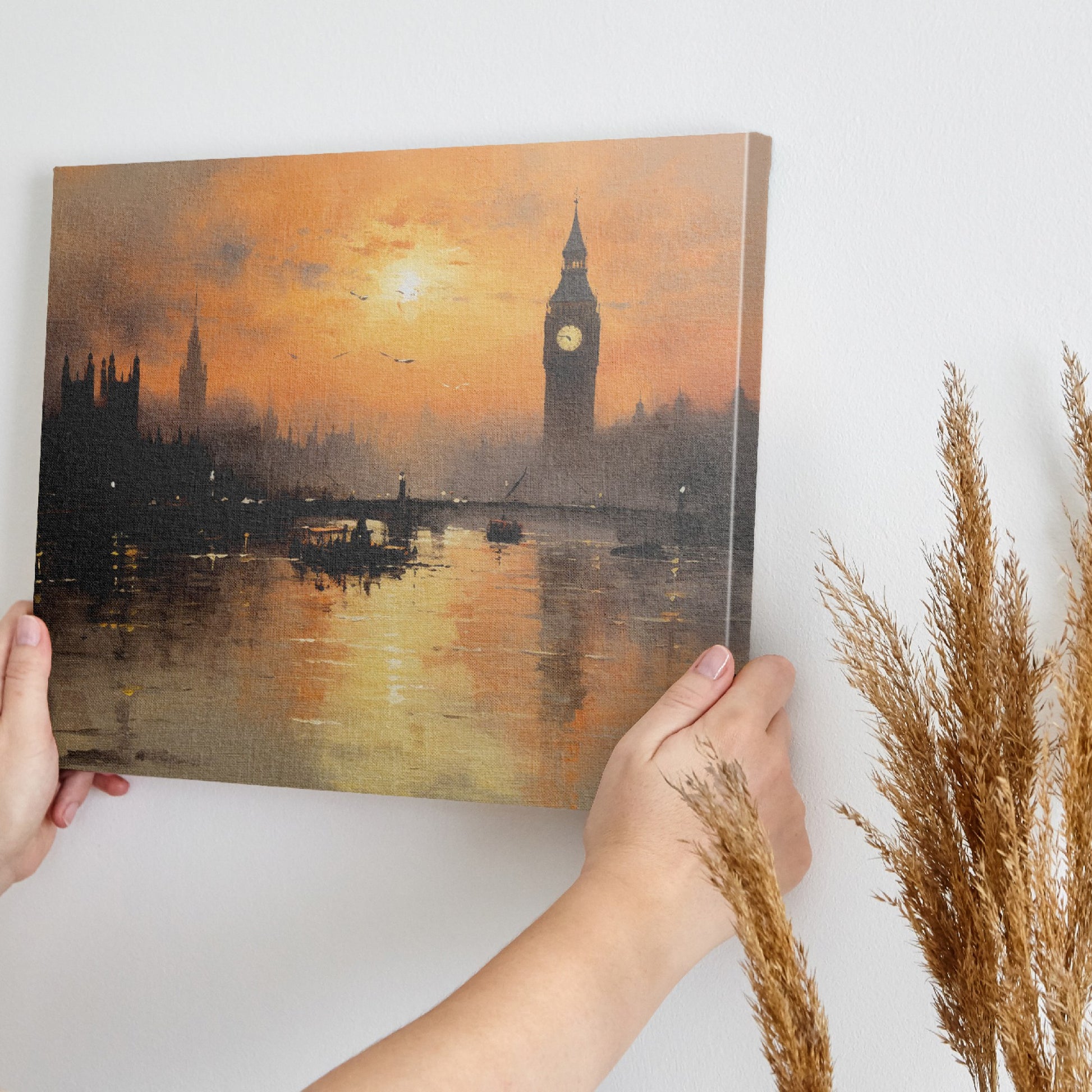 Framed canvas print of London skyline at sunset with Big Ben and River Thames