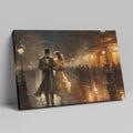 Framed canvas print of a Victorian couple on a romantic evening stroll on a rainy Paris street with warm glowing lights