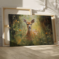 Framed canvas print of a gentle fawn in a sunlit meadow with vibrant wildflowers