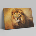 Framed canvas print of a majestic lion portrait with a warm golden colour scheme