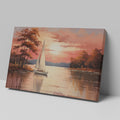 Impressionistic painting of a sailboat on a calm lake with orange and red sunset and tree silhouette reflections.