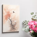 Abstract watercolor painting of a tree with red highlights and a bird in flight on a beige background