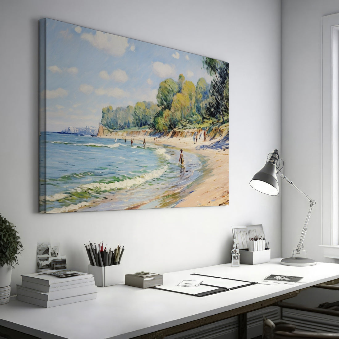 Framed canvas print of an impressionist beach scene with sailboats and people enjoying the shore