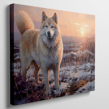 Framed canvas print of a dog in impressionist style with a winter sunset in the background