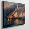 Framed canvas print of a watercolour Mediterranean village at twilight with reflections on the sea