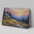 Framed canvas print of a rustic cabin at sunset with a mountainous backdrop