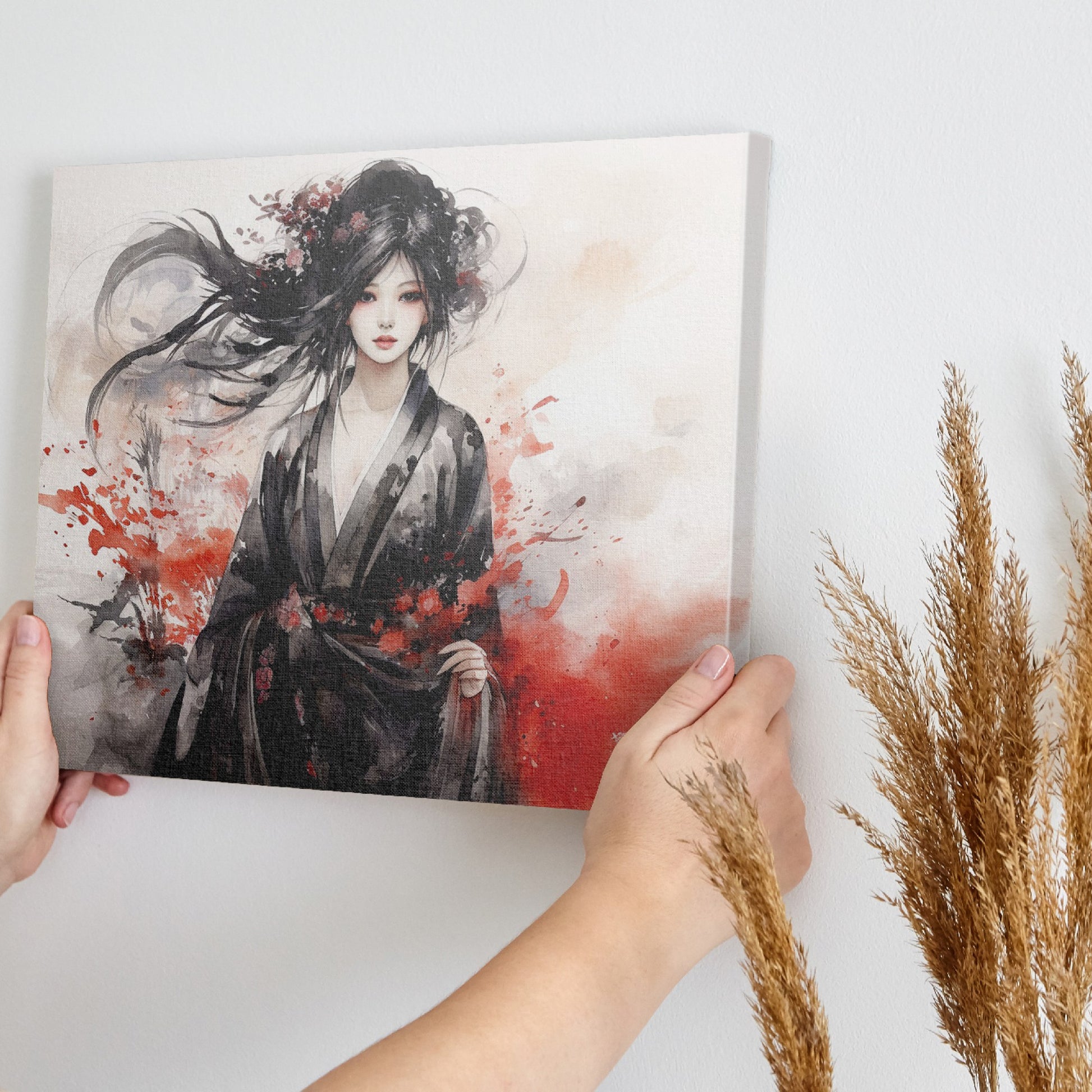 Framed canvas print of an ethereal geisha in ink and watercolour with red splashes