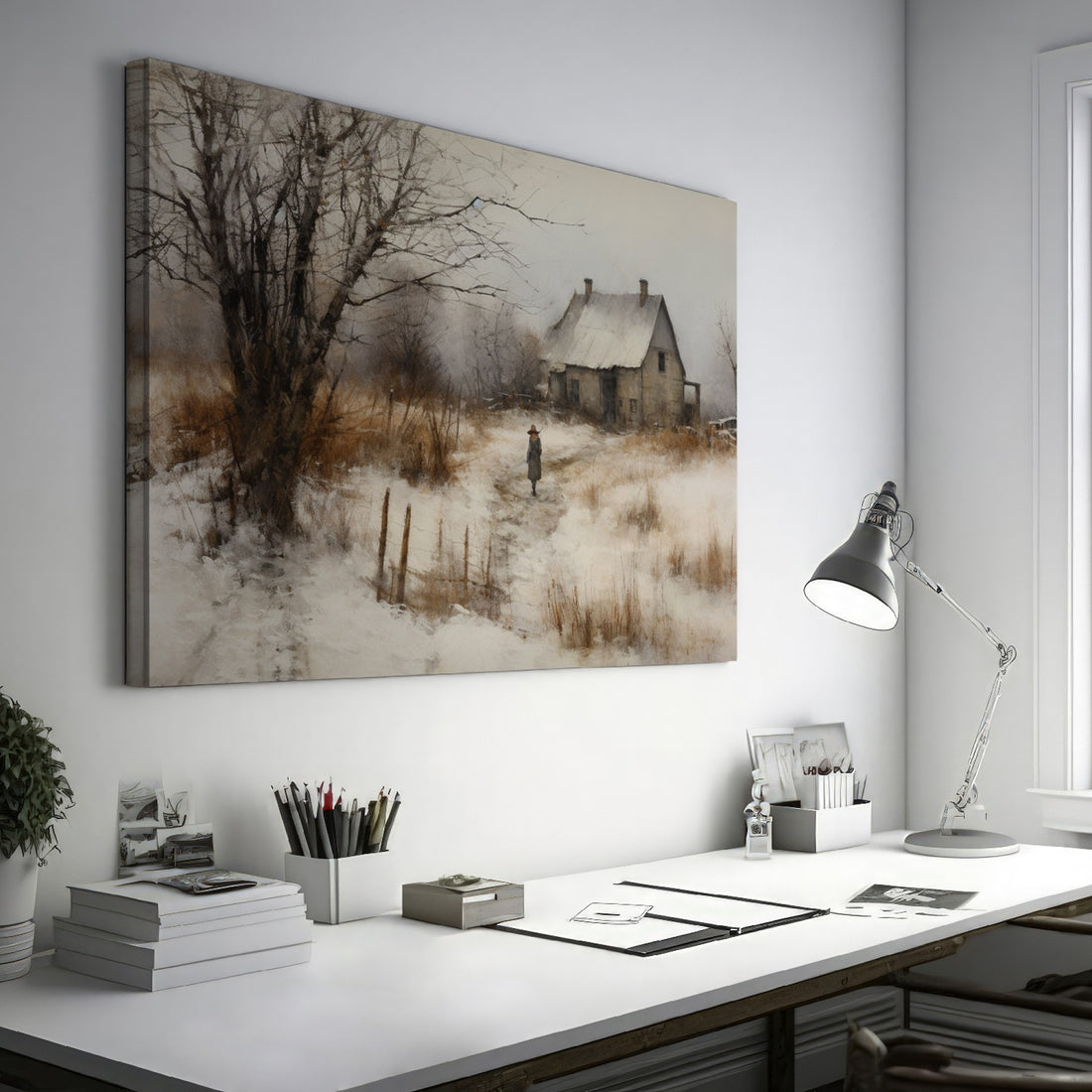 Framed canvas print of a rustic winter scene with a country home and an individual walking by