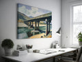 Framed canvas print of a serene countryside bridge over a river with mountain backdrop