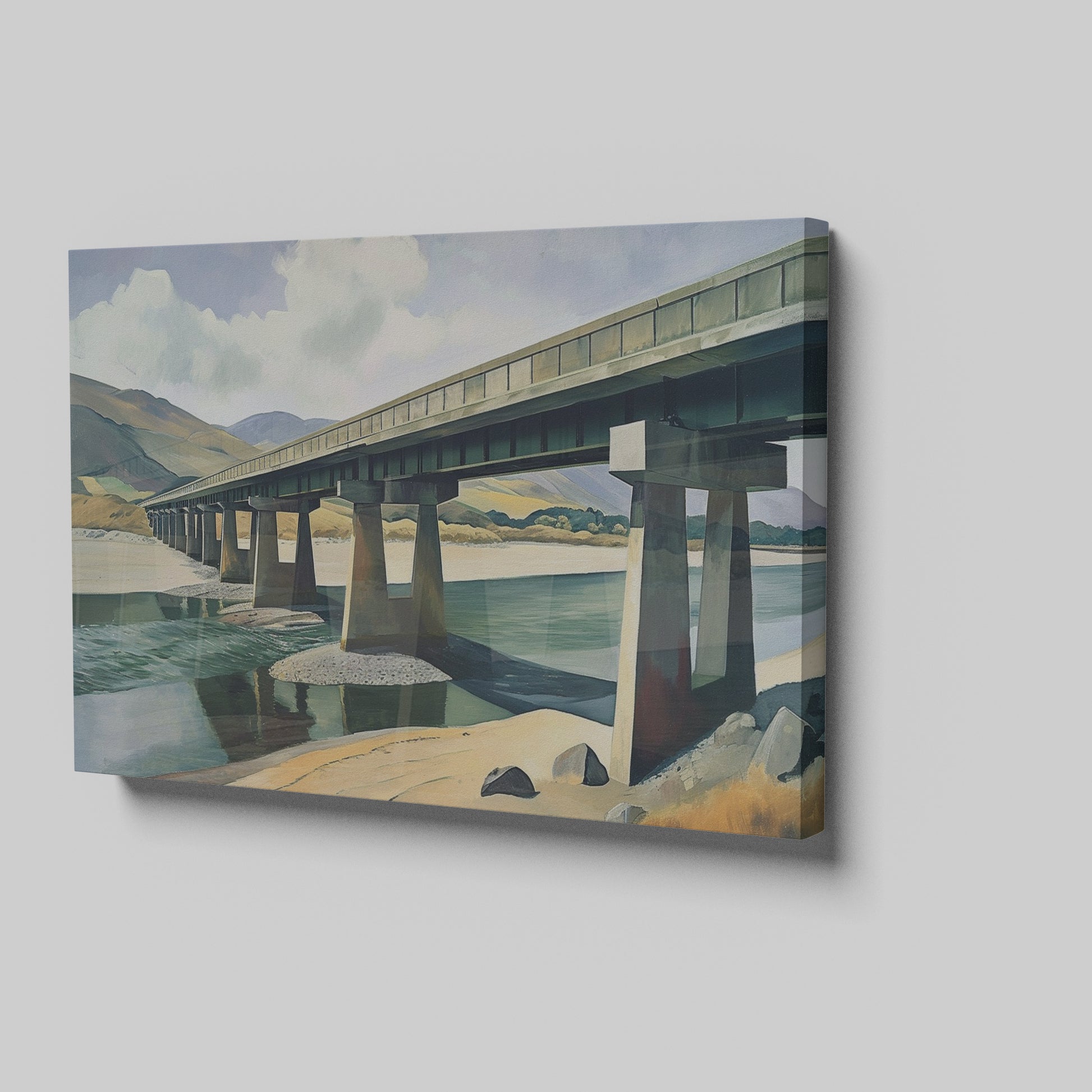 Framed canvas print of a serene countryside bridge over a river with mountain backdrop