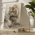 Framed canvas print of a fierce and majestic tiger in watercolour, highlighting the animal's intense gaze and striking details against a neutral backdrop.