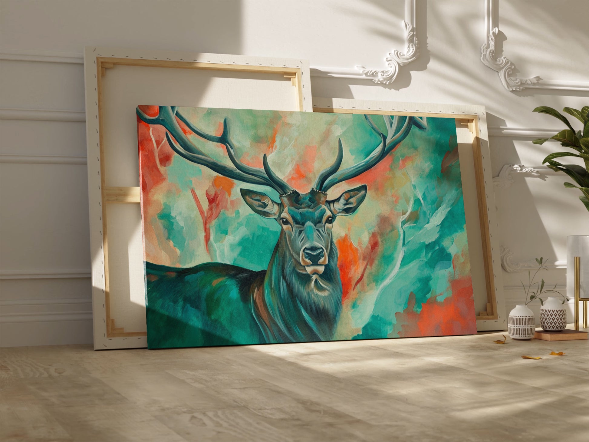 Framed canvas print of a colourful impressionistic painting of a stag with abstract elements