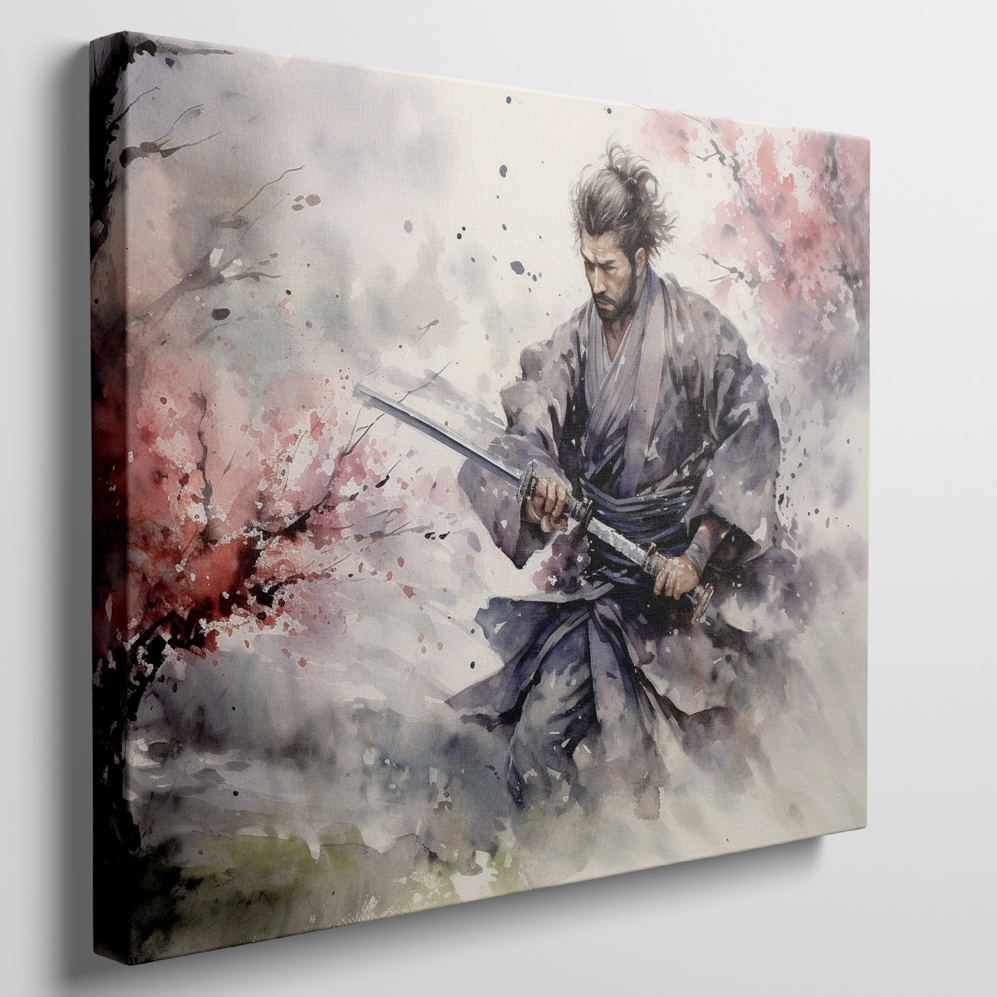 Framed canvas print of a samurai warrior in watercolour, with dynamic ink splatters in vivid hues.