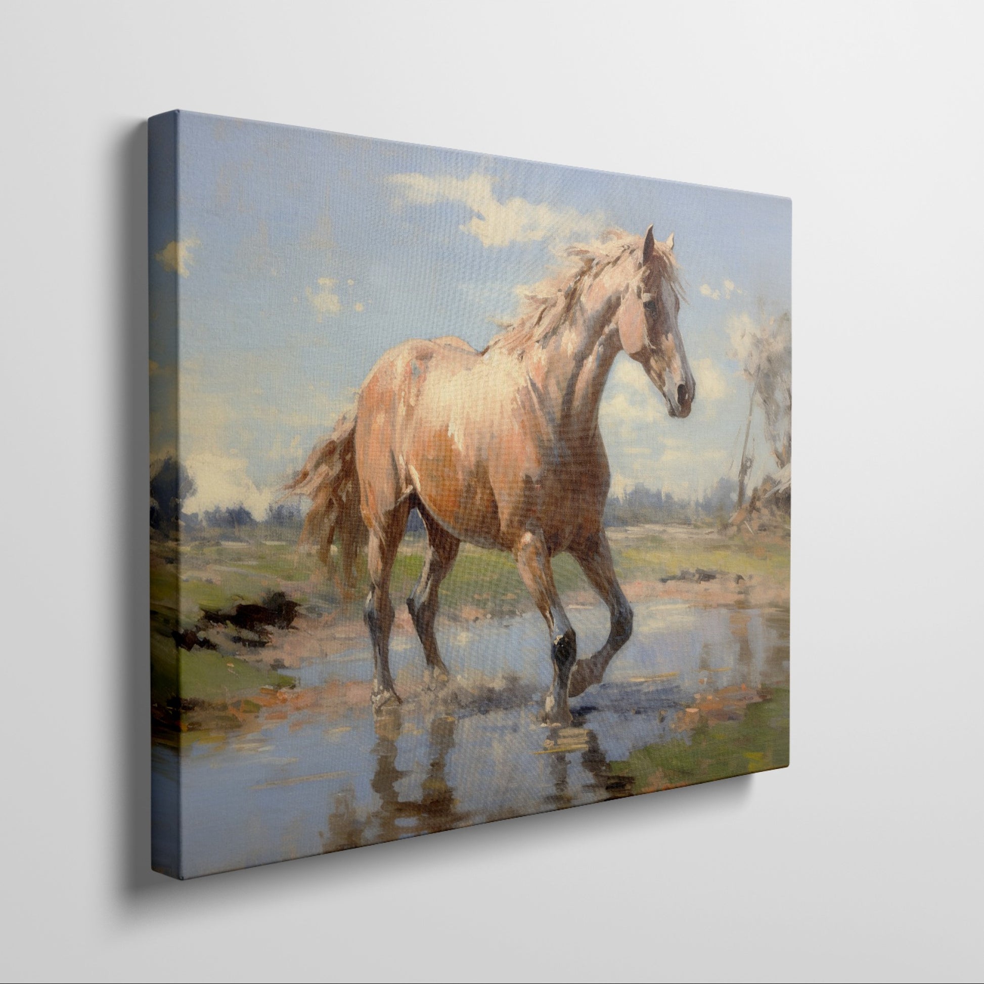 Framed canvas print of a vibrant horse wading in water with sunlit pasture and reflection