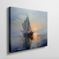 Framed canvas print of an impressionist painting depicting a sailing ship at sunset with warm hues and a serene seascape