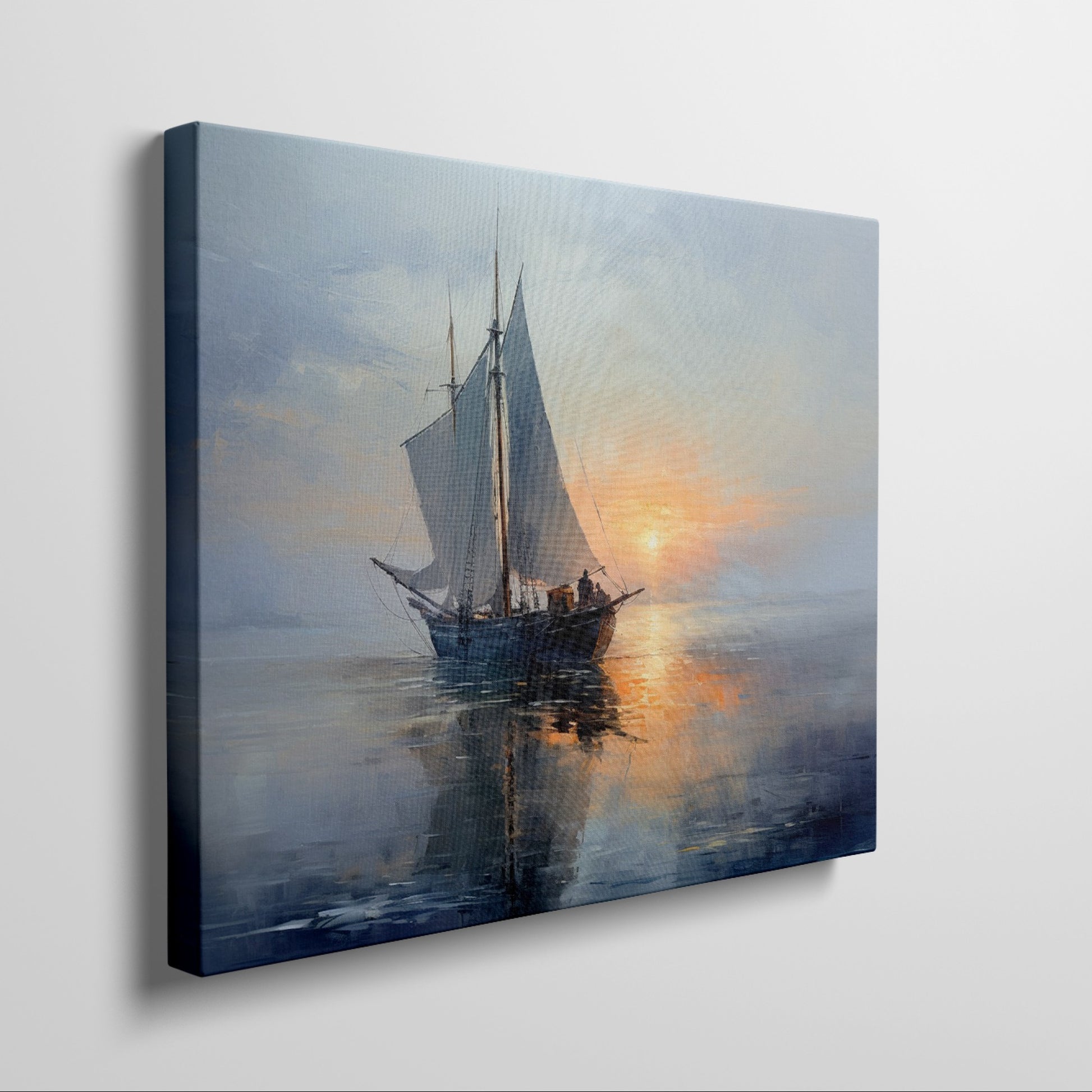 Framed canvas print of an impressionist painting depicting a sailing ship at sunset with warm hues and a serene seascape