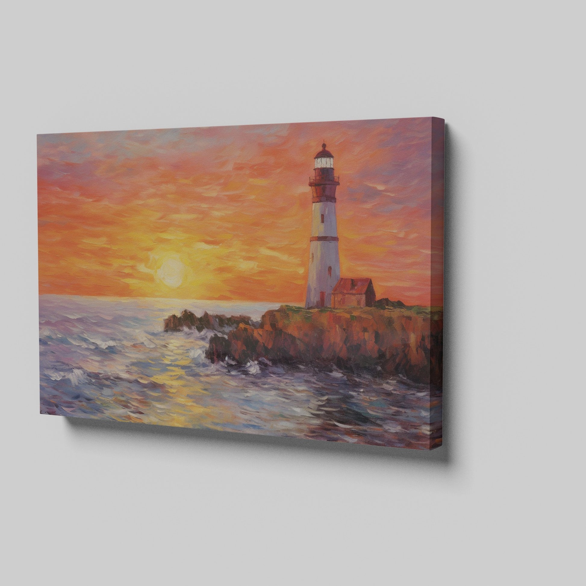 Framed canvas print of a vibrant impasto painting of a lighthouse at sunset with dynamic sea waves and a warm sky