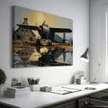 Framed canvas print of vintage airplane with warm sunset reflection on airfield