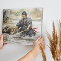 Framed canvas print of a Japanese Samurai warrior in battle stance with a katana sword, depicted in watercolour style