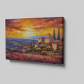 Framed canvas print of an Impressionist Tuscan landscape with a vibrant sunset sky, overlooking lavender fields and rustic houses.