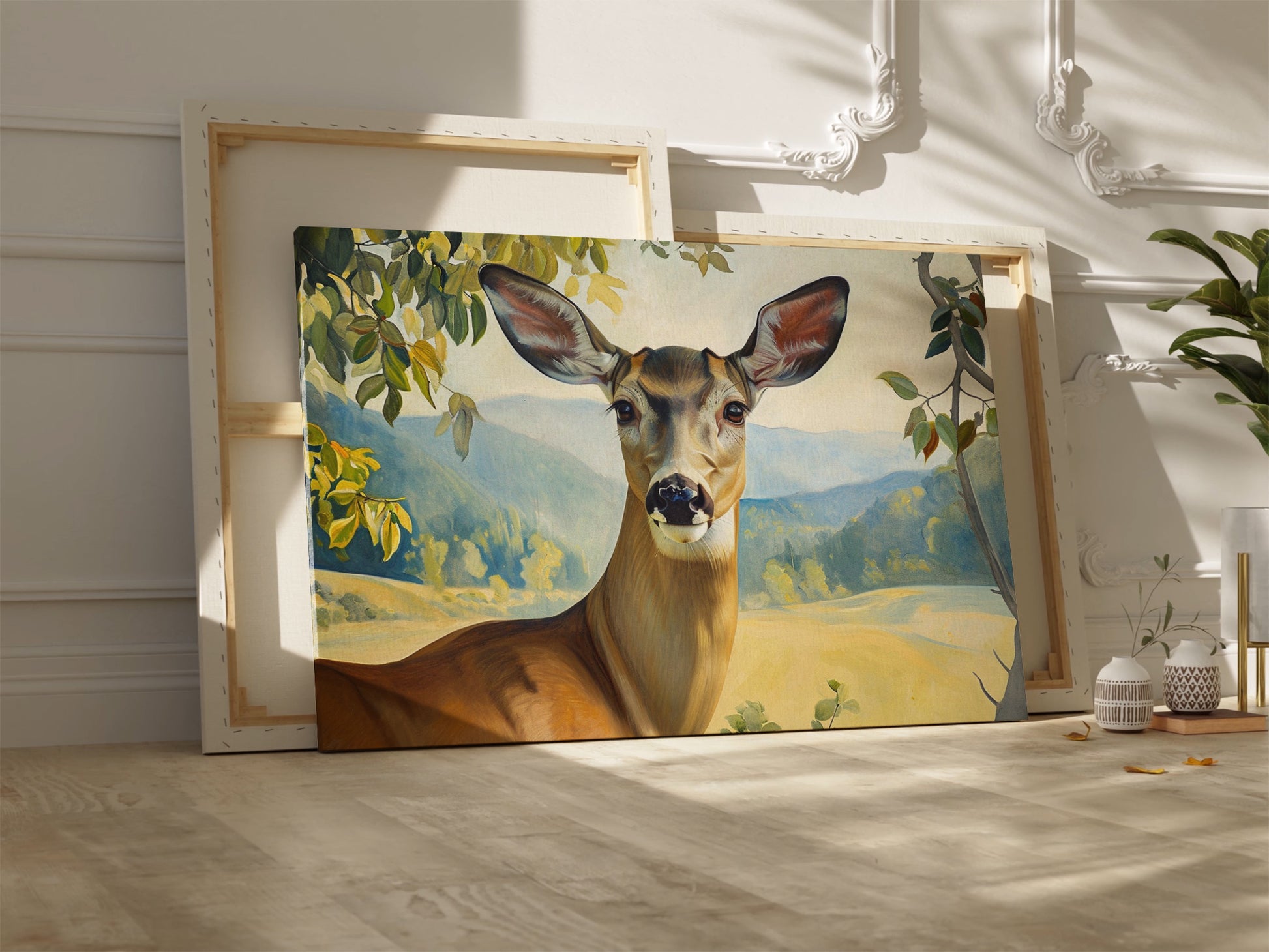 Framed canvas print of a realistic deer in a serene countryside setting with lush foliage