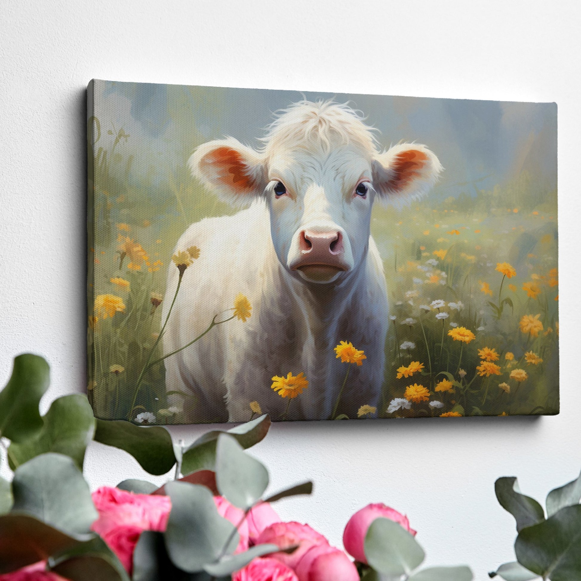 Framed canvas print of a serene cow surrounded by a vibrant wildflower meadow