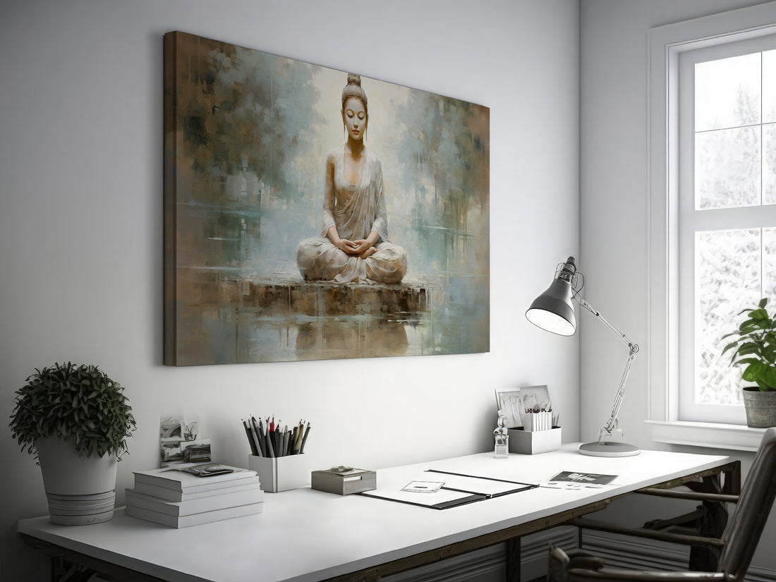 Framed canvas print of a meditative Buddha in serene, neutral tones