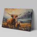 Framed canvas print featuring vibrant Highland cattle with mountain landscape