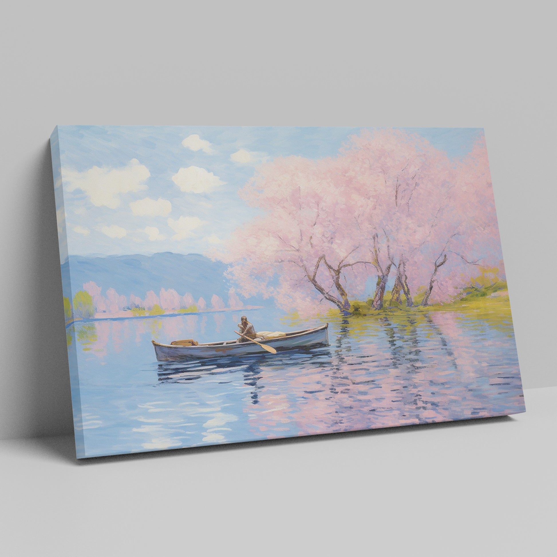 Framed canvas print of Impressionist-style cherry blossoms over a lake with a rowboat