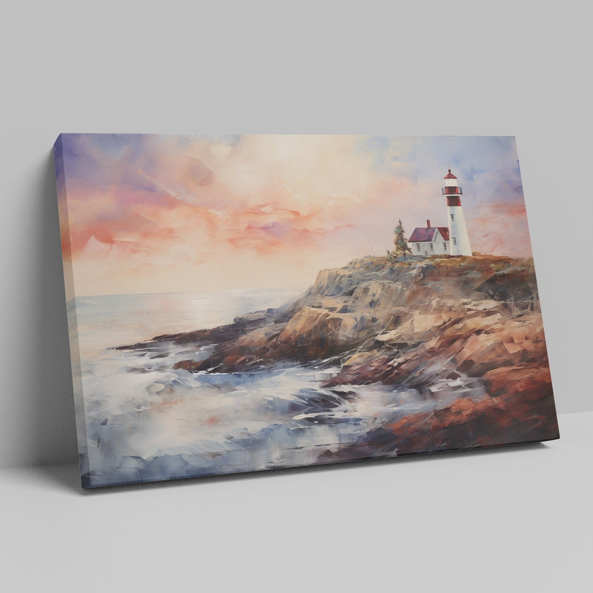 Framed canvas print of an impressionist lighthouse at sunset with vibrant colours