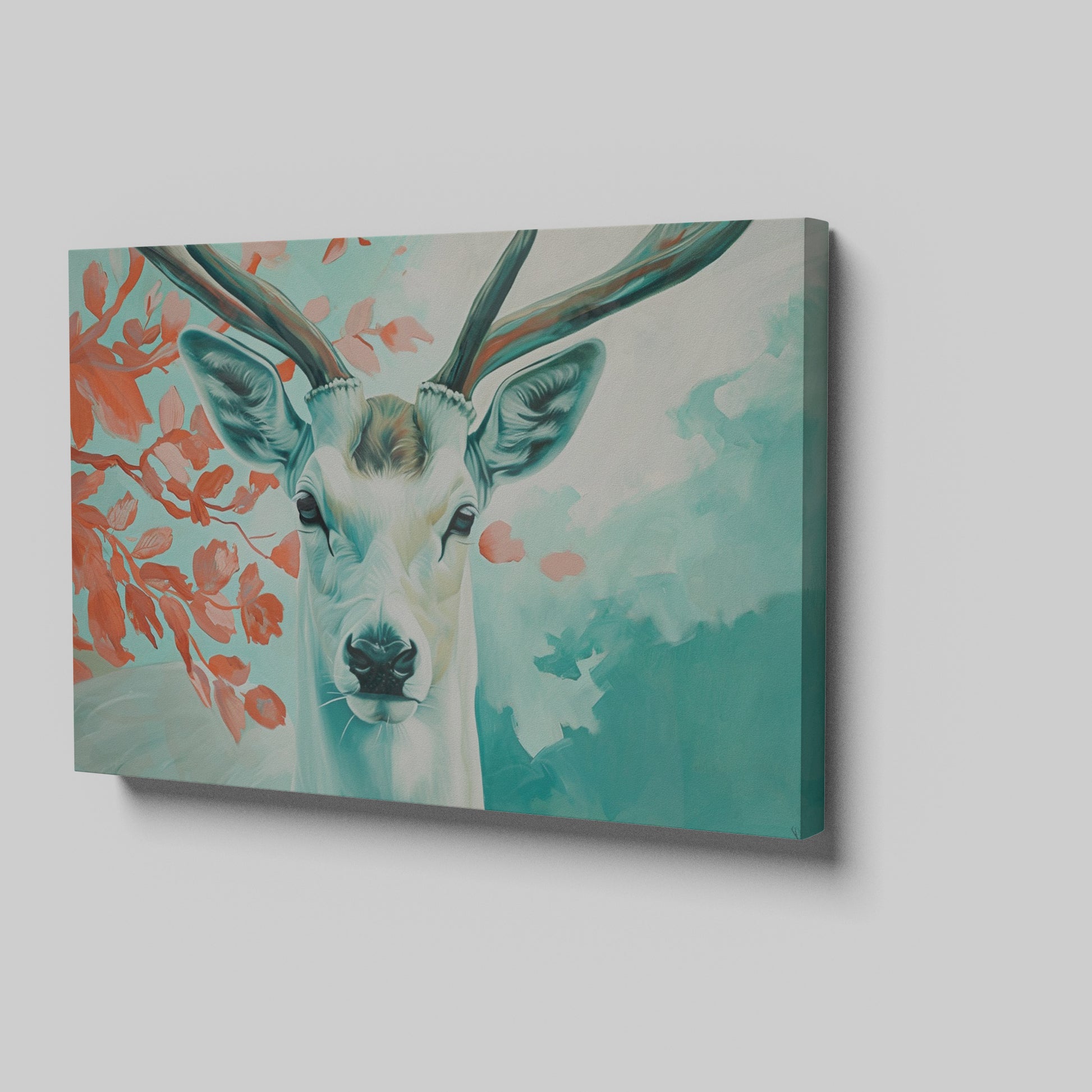 Framed canvas print of a serene stag with vibrant blue and red tones