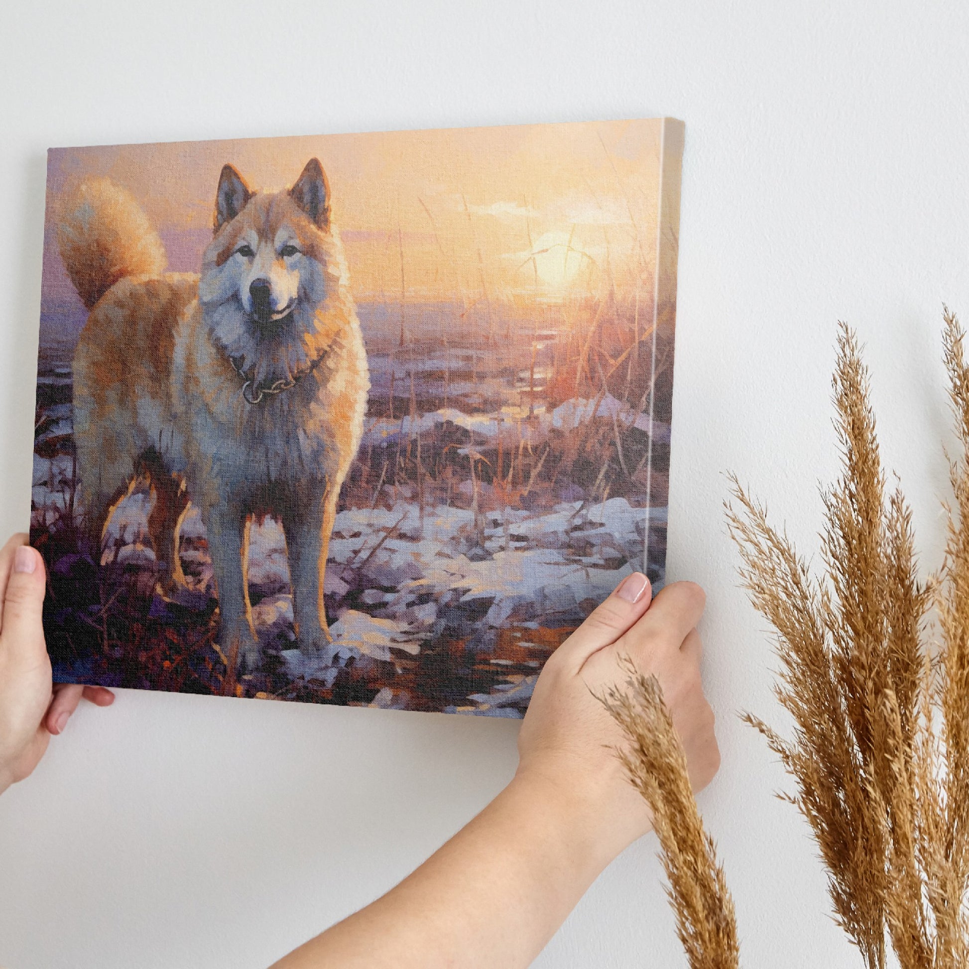 Framed canvas print of a dog in impressionist style with a winter sunset in the background