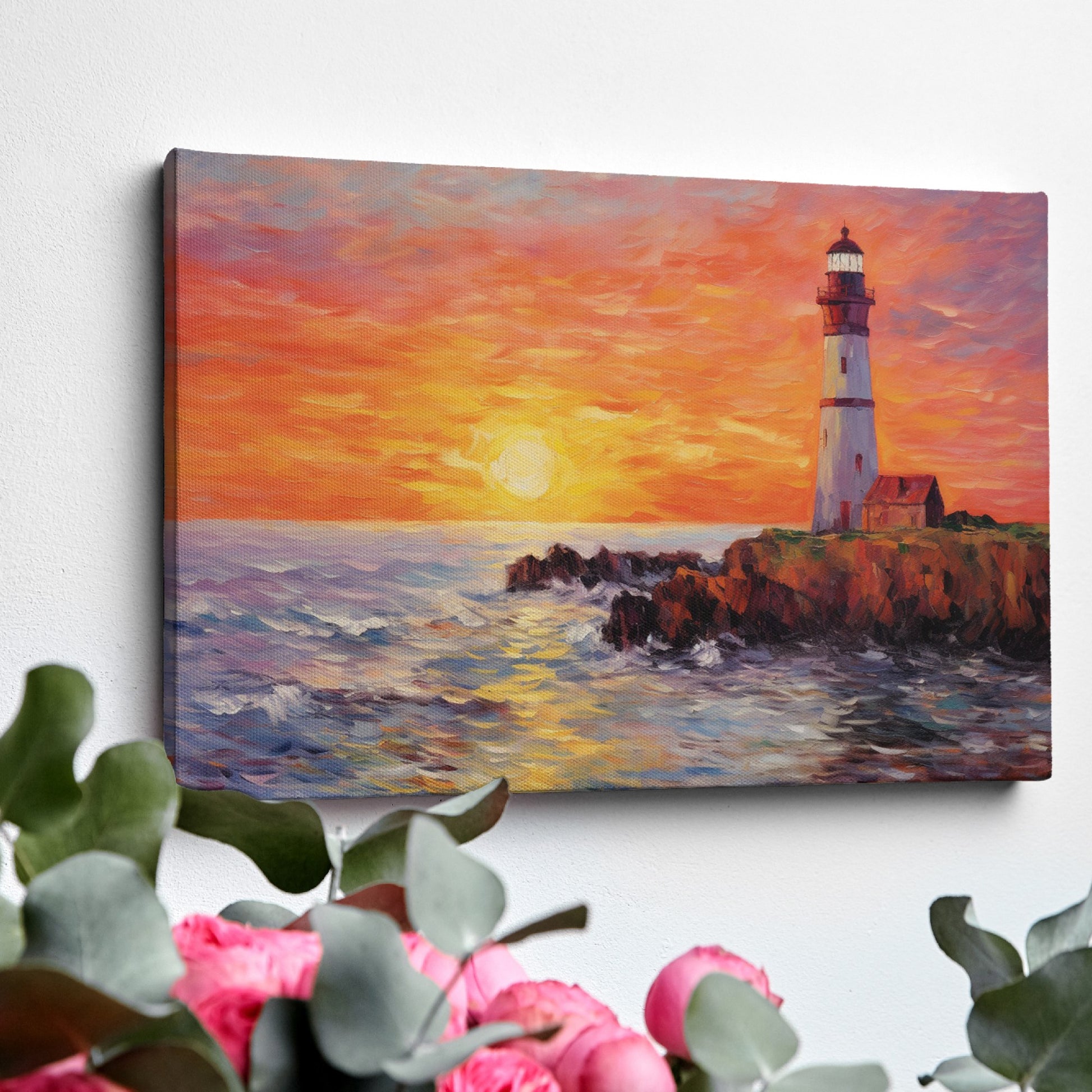 Framed canvas print of a vibrant impasto painting of a lighthouse at sunset with dynamic sea waves and a warm sky