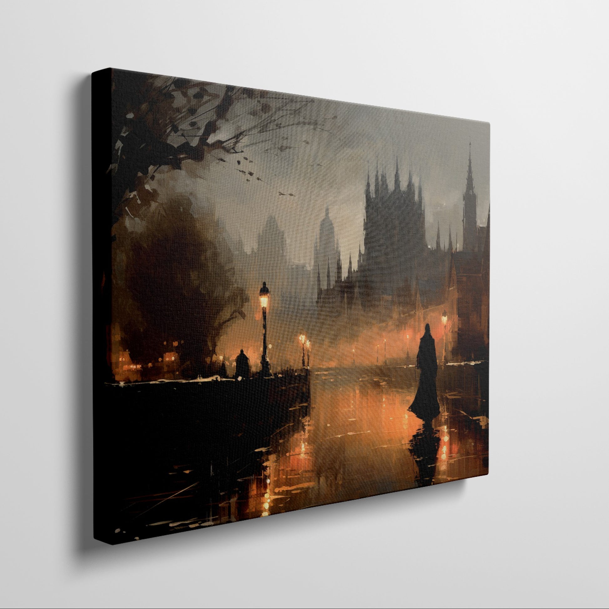 Framed canvas print of a gothic cityscape at twilight with warm glows and a shadowy figure