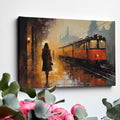 Framed canvas print of an abstract evening train station scene with golden hues and a glowing train