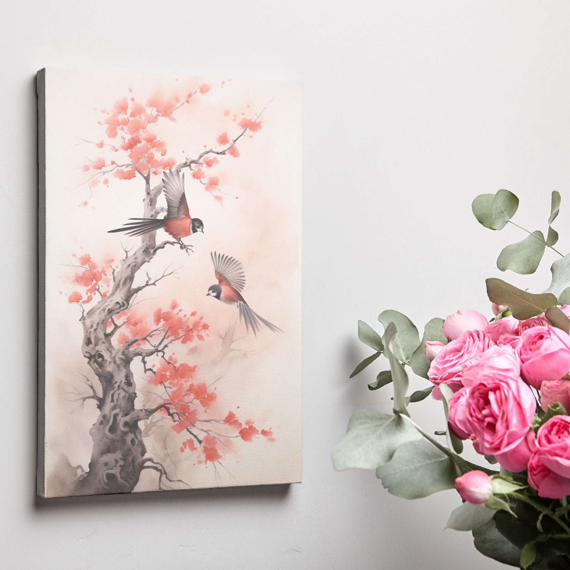 Framed canvas print of cherry blossoms and birds in watercolor