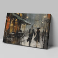 Framed canvas print of a romantic couple on a rainy evening stroll in a vintage style cityscape