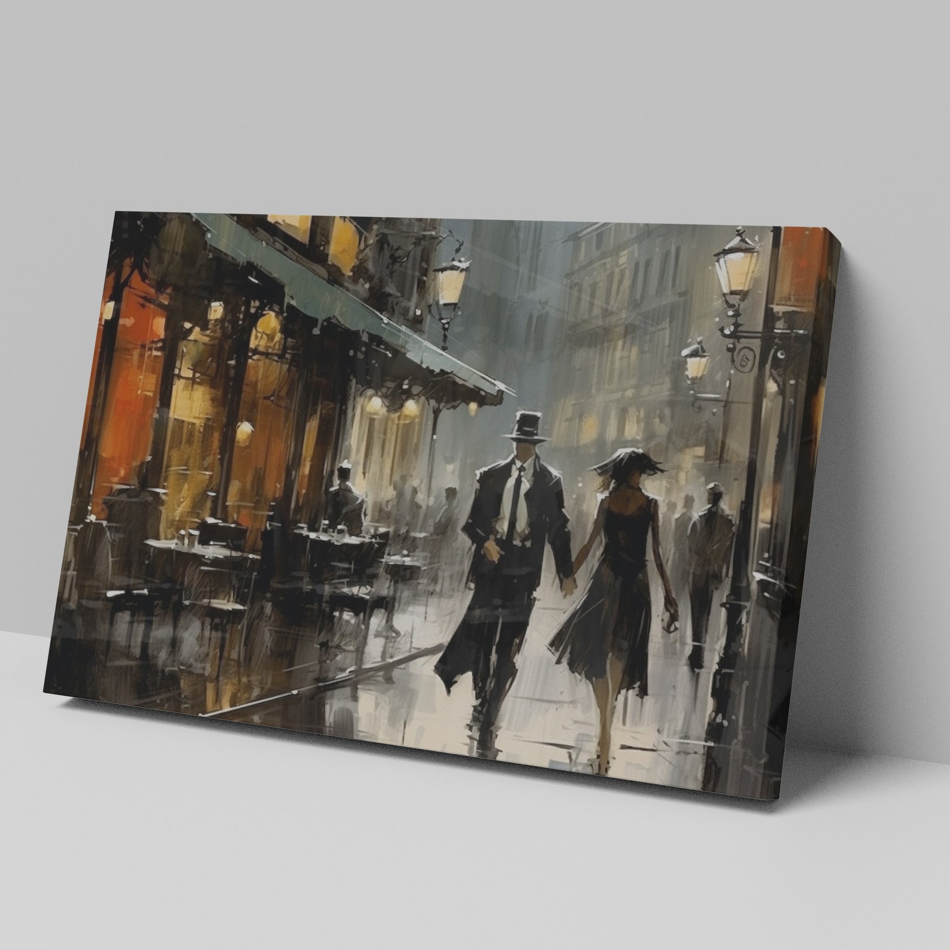 Framed canvas print of a romantic couple on a rainy evening stroll in a vintage style cityscape