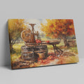 Framed canvas print of an autumn cider press scene with vibrant foliage and vintage farm elements